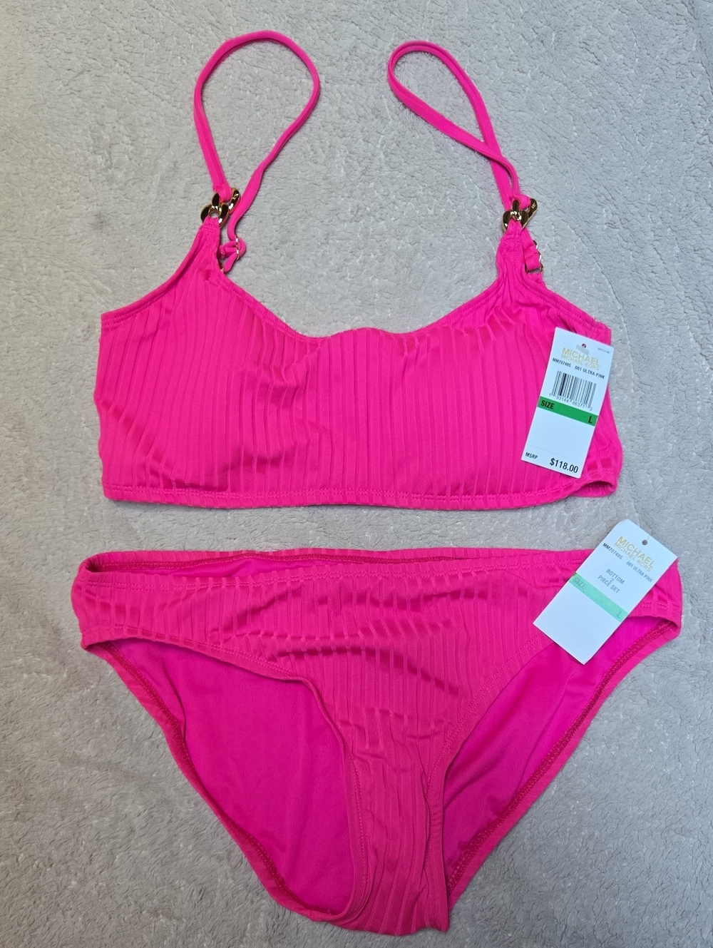 💖 NWT MICHAEL KORS Ultra Pink Ribbed Bikini Set with Gold Rings